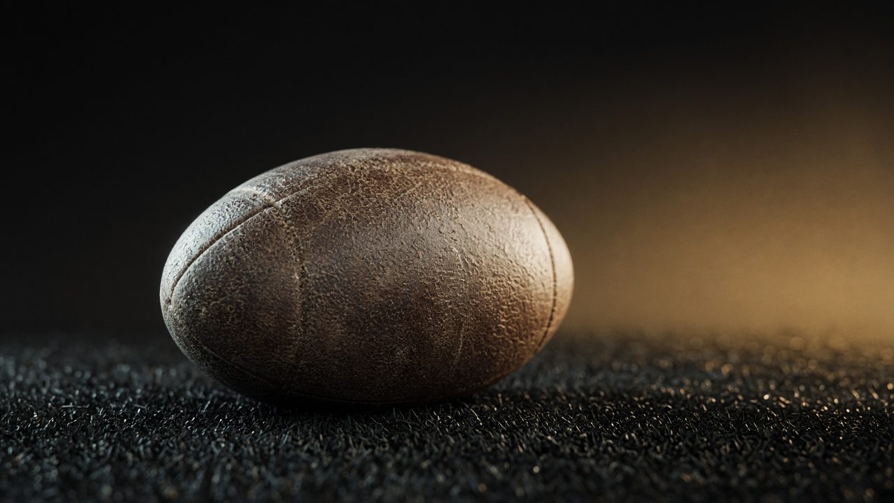Football on dark turf under gold light