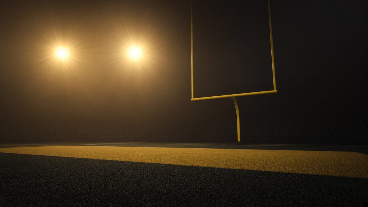 Night stadium goalposts in gold light